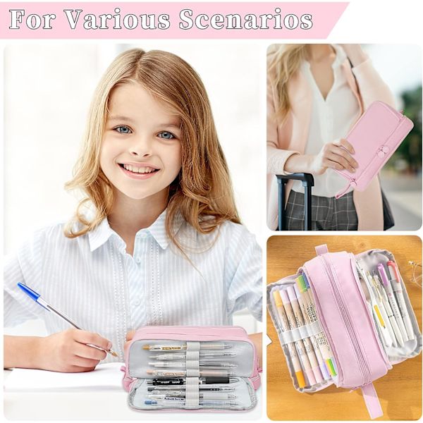 Pennfodral, Stort Pennfodral Med 4 Fack Stationery Organizer för Pojkar och Flickor, Pennfodral Lämplig för Barn Tonåringar Studenter Rosa