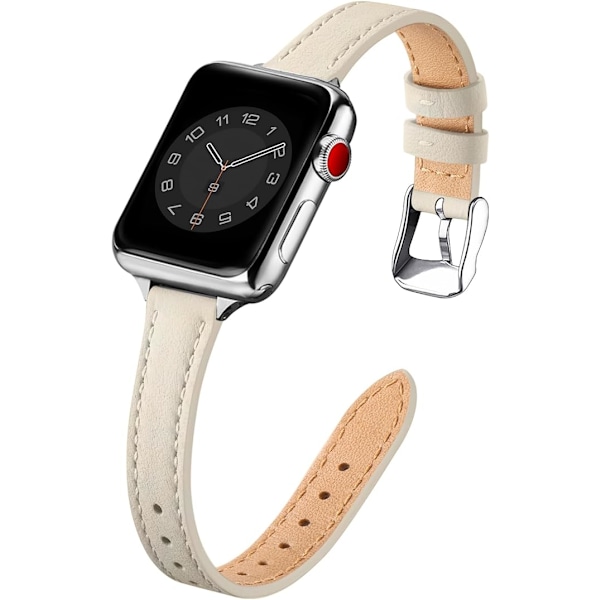 Læderrem kompatibel med Apple Watch 42mm 44mm 45mm 49mm, Slank tynd læderrem, til kvinder mænd Beige&Sølv 42mm 44mm 45mm 49mm