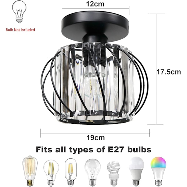 Kristallkronor Taklampor, Liten Semi-Flush Taklampa för Hall, Matsalar, Vardagsrum (Svart) Black