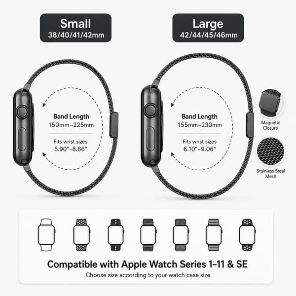 Magnetisk armbånd til Apple Watch Series 1–11 & SE - 38/40/41/42 mm - 42/44/45/46 mm Large - Silver