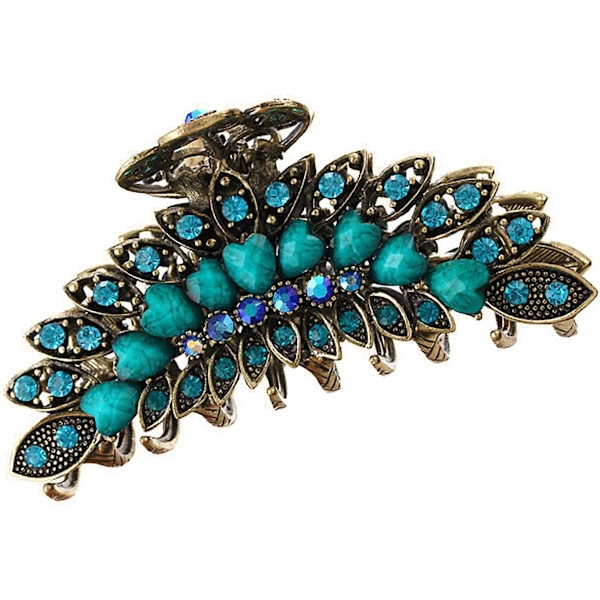 Lady Retro Blommor Hårklämma Clip Vintage Legering Strass Halkfri Hårkäke Klämmor Hårnål Stor Hår Updo Grepp Badtillbehör Blue 4in