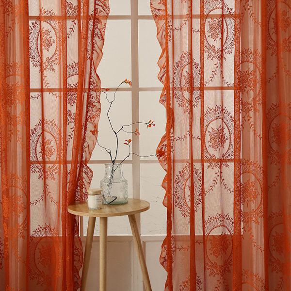 Oranssi läpikuultava verhot 140*200CM pitkä 2 paneelia, neulottu rustiikkinen kukkakuvio pitsi läpikuultava verhot sauva taskulle, yksityisyyden verhot lechoso 59*79inch