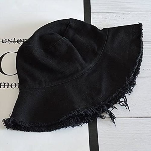 Tvättad Bomull Sliten Bucket Hatt Solskydd Bred Brätte Sommar Strandhatt Black