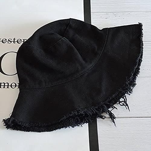Vasket Bomuld Distressed Bucket Hat Solbeskyttelse Bred Skygge Sommer Strandhat Black