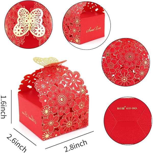 50 stk./sæt Blomster Sommerfugl Hule Slikæske Cookie Gaveæsker Romantiske Bryllupsgaver Søde Chokoladeæske Festartikler Red 8*7*6.5CM