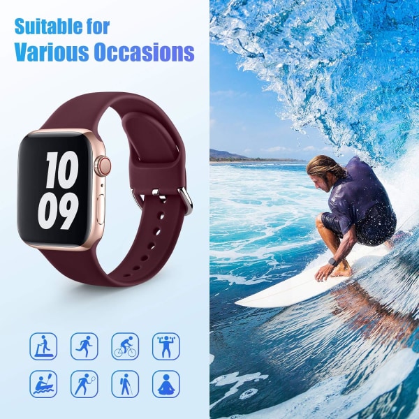 Urheiluranneke yhteensopiva Apple Watch iWatch -rannekkeiden kanssa unisex, pehmeä silikoniranneke Apple Watch 3 6 5 4 2 1 SE -kelloille Burgundy 38mm/40mm M/L