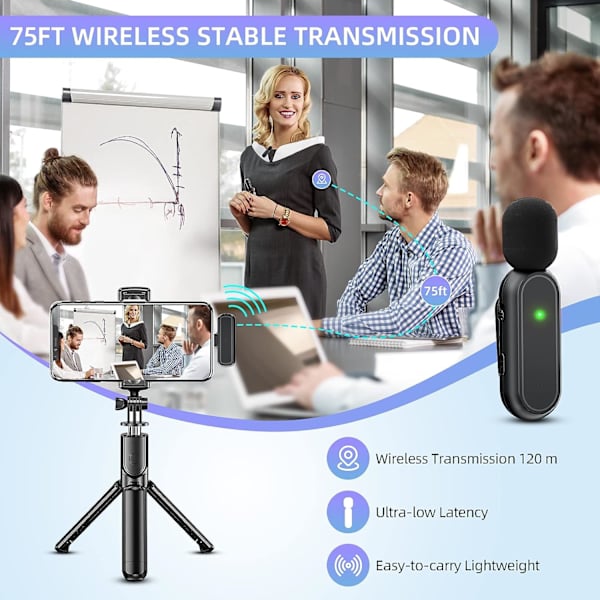 iPhone iPad trådløs mikrofon (2 TX + 1 RX + opladningsetui), mini mikrofon 3 tilstands støjreduktion til videooptagelse