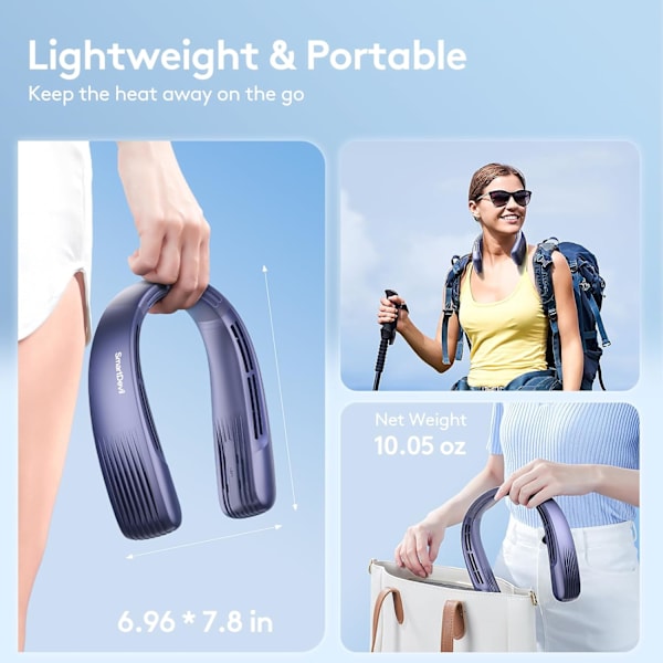 Handsfree Portabel Halsfläkt, 2400mAh Uppladdningsbar Bladlös Halsfläkt med Uppgraderad Luftvolym, 3 Hastigheter, 360° Kylning
