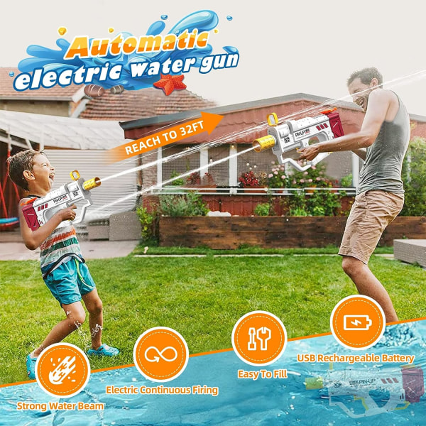 Elektrisk vandpistol til børn og voksne, automatisk vandpistol batteridrevet, 32ft skydeområde 800ml, Aurora White