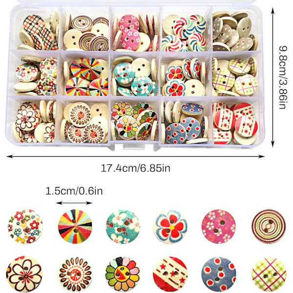 Farverige knapper til børn, dukkeknapper, runde farverige runde knapper, sæt træknapper, farverige knapper til håndværk med 2 huller, 15 mm, 225 stk.