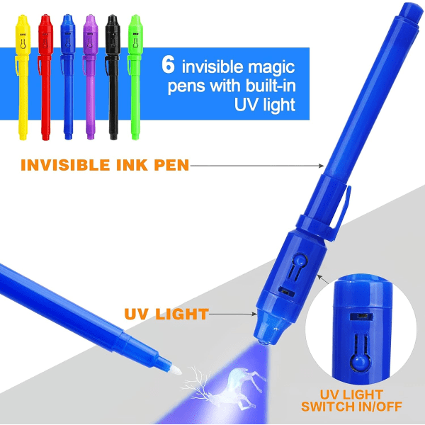Osynlig bläckpenna Hemlig penna Osynlig skrivpenna med ultraviolettdetektor (6 stycken)