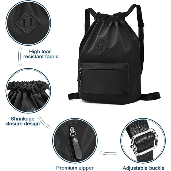 Ryggsäck med dragsko sportgymnastikväska, stor ryggsäck med dragsko med dragkedja samt fickor fram och bak