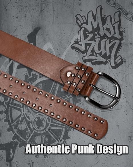 Nitbälte i läder för kvinnor, Punk Goth Grunge Bälte, Emo Bälte för Jeans Byxor Klänningar, 107cm, Brun Brown