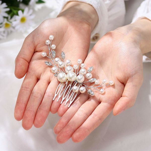 Bröllopshårkam Pärlor Blomster Hår Sido Kam Brud Strass Hårklämmor Hårdelar Bröllopshår Tillbehör för Brudar och Brudtärnor (Silver)