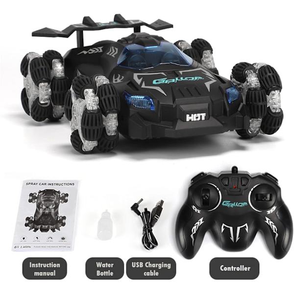Fjernstyret bil til børn, 2,4 GHz RC-bil med LED-lys, 360° rotations spray driftbil med genopladeligt batteri, 4WD høj hastighed 20 km/t RC