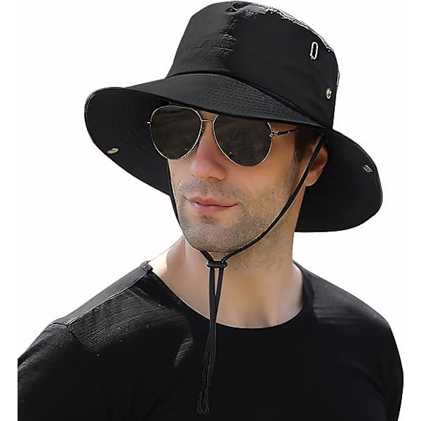 Solhatt for menn, sommerbred brem UPF50 pustende vanntett sammenleggbar caps, svart