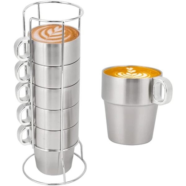6 stk. Rustfrit Stål Kaffe Kopsæt, Dobbelt Væggede Metal Kopper med Kopholder og Håndtag til Vand, Juice, Te Azul oscuro