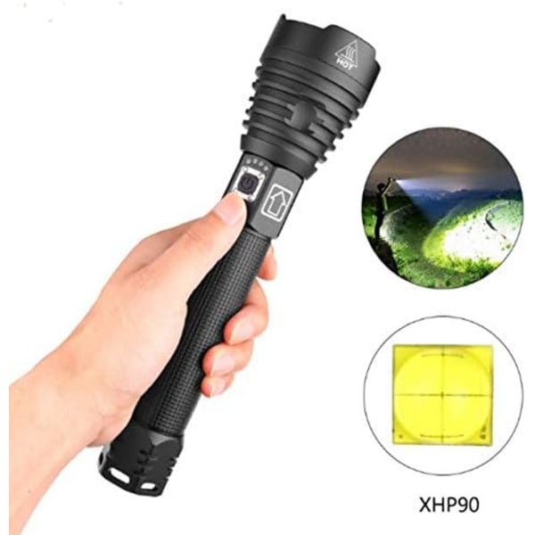LED-ficklampa, 10000 Lumen XHP90 Ultrastark Justerbar Zoomable Vattentät Ficklampa, Innehåller 2*18650 Laddningsbara Batterier