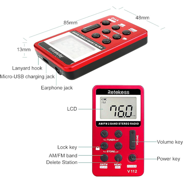 Retekess V112 AM FM Bärbar Fickradio Digital Inställning Stereo Volym med Hörlurar Laddningsbart Batteri för Promenader Gym (Röd)