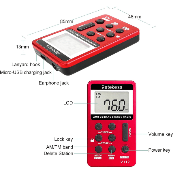 Retekess V112 AM FM -taskuradio, digitaalinen viritys, stereovahvistin, kuulokkeet, ladattava akku, kävelyyn, kuntosalille (punainen)