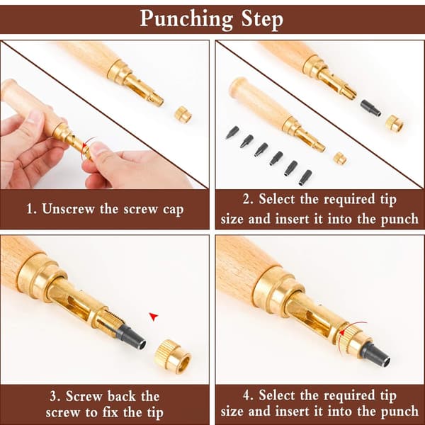Automatisk hullpunch for lær og papir, trehåndtak, 6 utskiftbare punchhoder, 1,5 mm til 4 mm