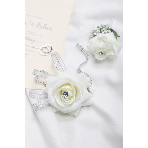 2-pack Bröllops Handleds Corsage och Corsage Set, Vit Bröllopsblomma Tillbehör Boll Set Dekoration