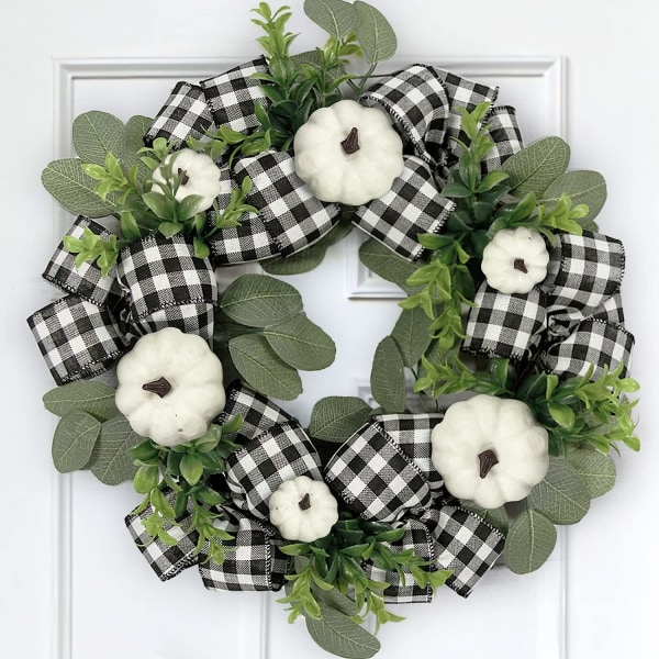 Høstdekor for hjemmet - Høstkranser for inngangsdøren - 16 tommers hvit Buffalo Plaid Check høstgresskar krans