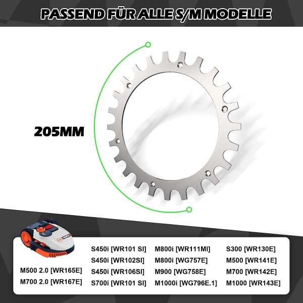 x Premium rustfrie stålpigger for Worx S/M-modell, 2x rustfrie stålskruespigger trekkforsterker, robotgressklippere hjulstørrelse 205mm