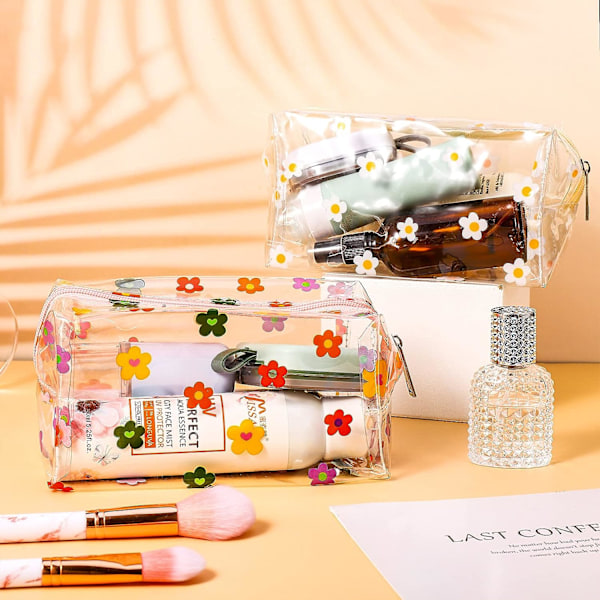 2 stk. gennemsigtig blyantæske stor pennepose brevpapir pung kosmetisk make up taske, gennemsigtig daisy floret mønster PVC taske, til kvinder og piger
