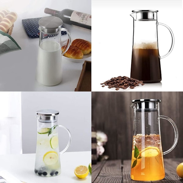 Glaskande, Borosilikatglas og Rustfrit Stål Låg og Kande, Vandkande, Varmebestandig 1500ml