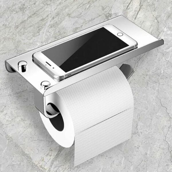 Toiletpapirholder, vægmonteret toiletrulleholder, 304 rustfrit stål toiletrulleholder, skrue- eller limmontering med opbevaringsplatform