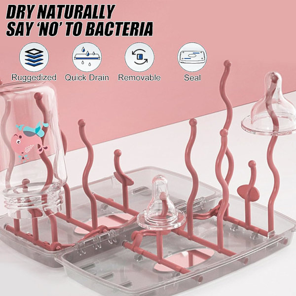 Babyflaske Tørrestativ, Foldbar Tørrestativ til Babyflasker, Afdrypningsstativ til Babyflasker med 12 Holdere, BPA-fri (vinrød)