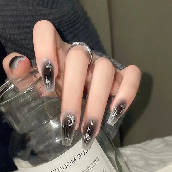 24 stk grå og svarte trykk på kunstige negler mellomlang lengde skinnende kunstige negler stjerner måne bluse design kunstig akryl