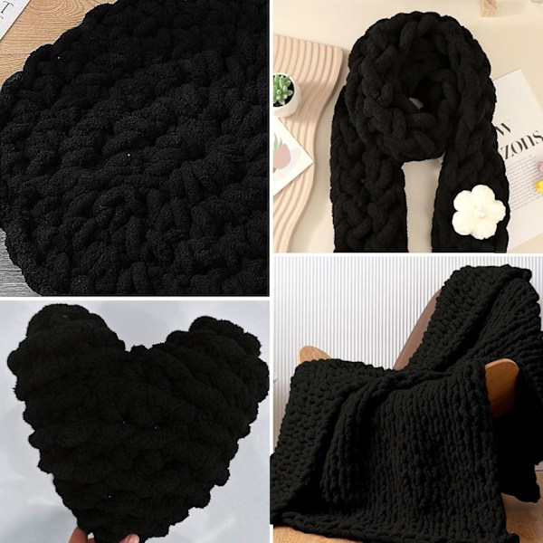 500g (250gx2) Chunky Garnboll ca 54m Chenille Chunky Pälsgarn Mjuk Ull Chunky Garn Mjuk Stickgarn för Virkade Filtar Halsdukar Hattar black
