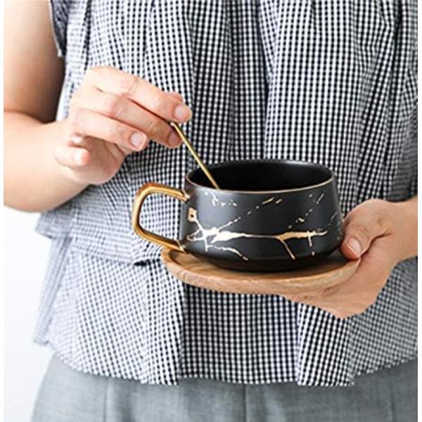 Porcelæn te-kop kaffekop sæt til eftermiddagste - Marmormønster (Sort, Kort 300ml + Træunderkop)
