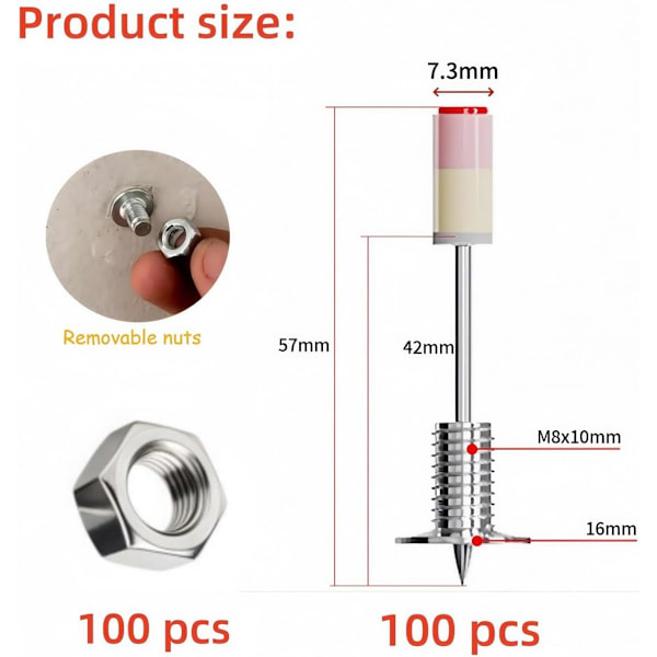 100 st gängade spikar för betongspikpistol - komplett kit med M8-muttrar etc för väggfixering och reparation