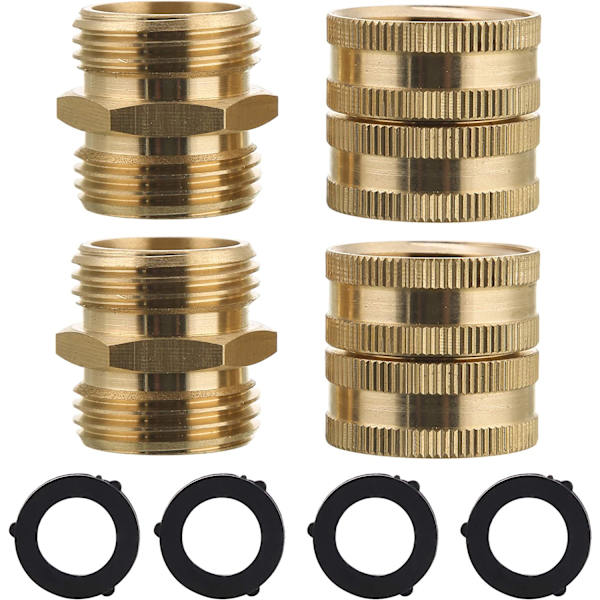 Hageslange-adapter, hann til hann, hunn til hunn, 3/4 tommers messingkobling, 4-pakning med 4 ekstra skiver