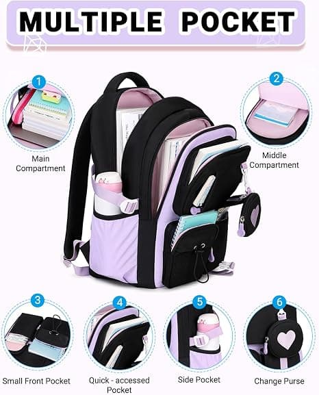 Barneskoletaske for jenter (3.-5. klasse), 20L, ergonomisk | Bryststropp | Vanntett | Kawaii