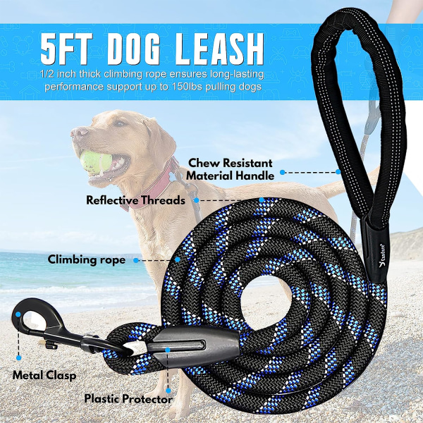 Hundkoppel med vadderat handtag och halkfritt koppel för hundträningsvalpar, små, medelstora och stora hundar för löpning (svart)