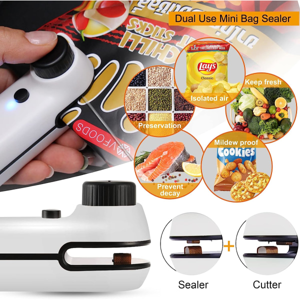 Mini Bag Sealer, 2 i 1 USB uppladdningsbar värmeförseglare och skärare, Mini Chip Bag Sealer värmeförsegling med mjuk magnet