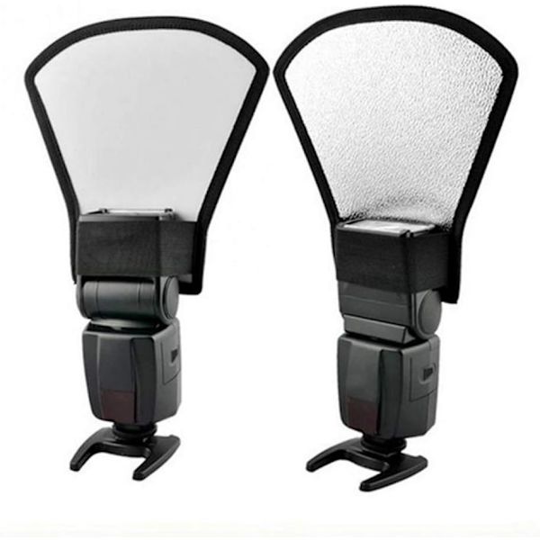 1 stk. Flash Diffuser Reflektor Premium To-Sided Silver/White Bend Bounce Flash Reflektor Kit med Elastisk Stropp