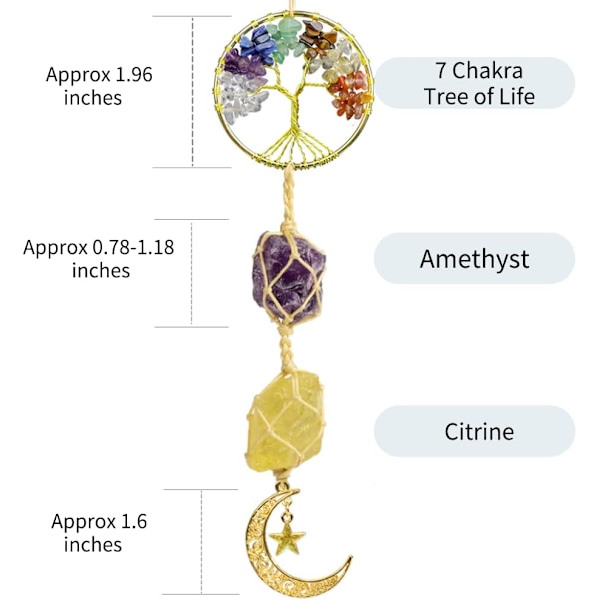 Livets träd Chakra stenar Healing kristaller Måne och stjärna för väggprydnad Meditation Hängande bilprydnad(Ametist + Citrin)