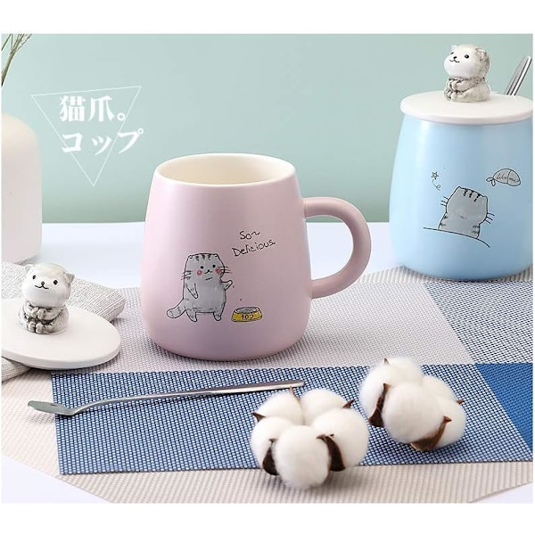 Kattmugg, söt kaffemugg i keramik, med 3D-formad kattlock och sked, för te, mjölk, varm choklad, födelsedagspresent till flickor och kvinnor 10x8cm (rosa)