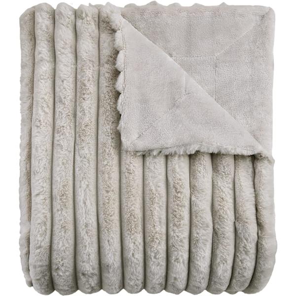 Varmt og blødt kunstpels tæppe, blødt stribet fleece tæppe til sofa seng stue, beige - enkelt - 130 x 150 cm