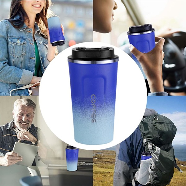 Kaffetermosmugg för Resan, 510ml Rostfritt Stål Återanvändbar, 100% Läcksäker, Dubbelväggig Vakuumisolerad för Varm och Kall Kaffe Blue