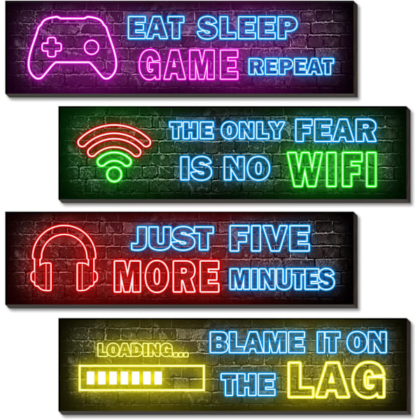 4 kpl painettua neon-peliposteria, teinipoikien huonekoristeet, pelaaja seinätaidekoriste makuuhuoneeseen puinen