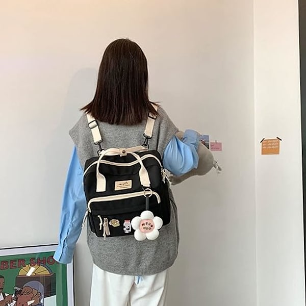 Kawaii-reppu kukka-riipuksella, söpö esteettinen reppu naisille, kawaii-laukku kawaii-neulalla ja tarvikkeilla, kannettava tietokoneen kirjakassi