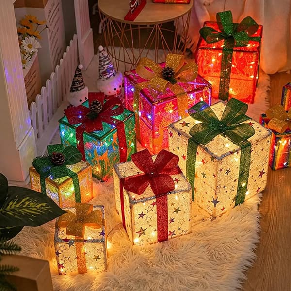 Set med 3 julbelysta presentaskar med fjärrkontroll 50 LED varmvit 8 ljuslägen julbelysning batteridriven lysande presentask (multi) Multi
