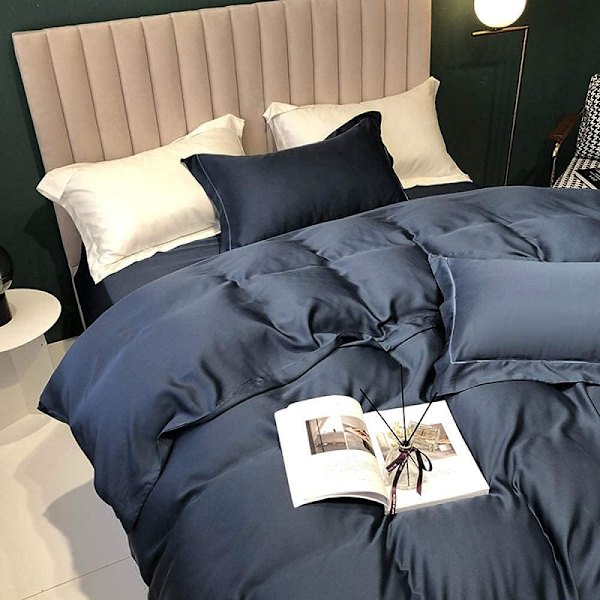 Sengesett, ensfarget silkefarget dobbeltsidig Tencel firedelt dynetrekk isark naken silke sommer, (200x230cm) royal blue-2