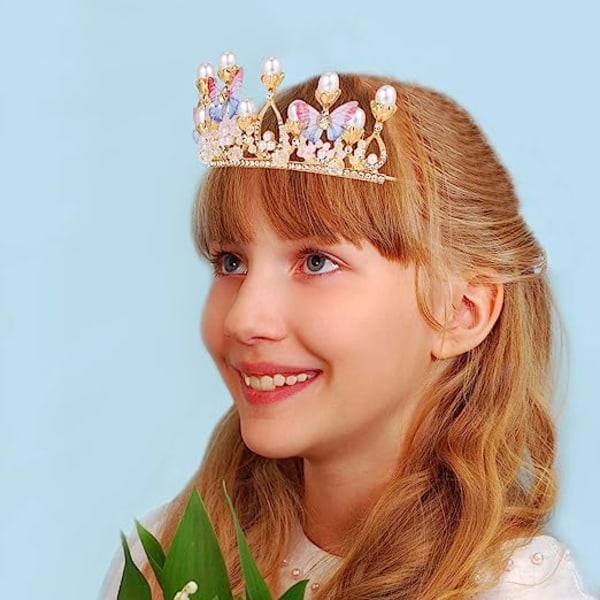 Crystal Tiara Pearl Pannband Princess Costume Crown Pannband, Butterfly Tiara Crown